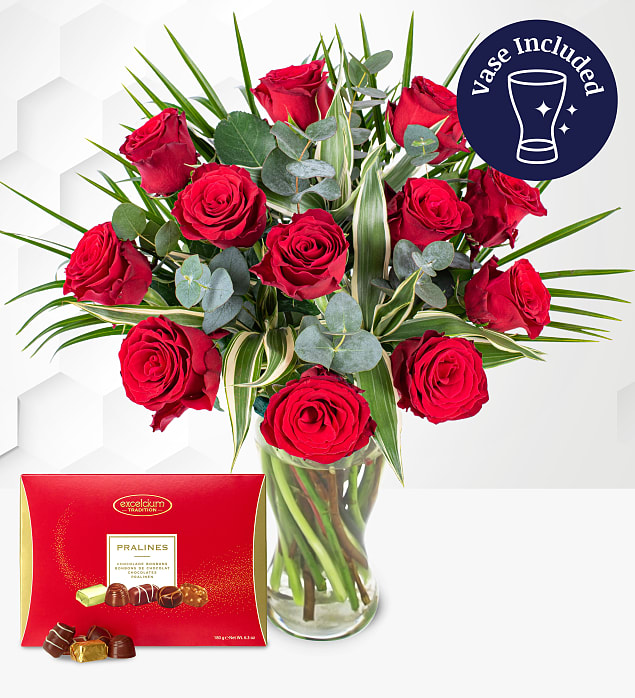 12 Red Roses with Chocs & Vase