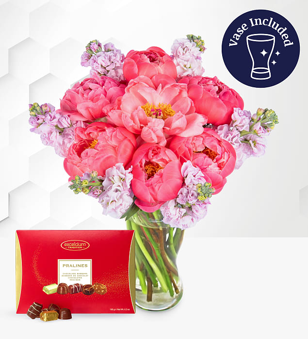 Paradise Peonies with Chocs & Vase