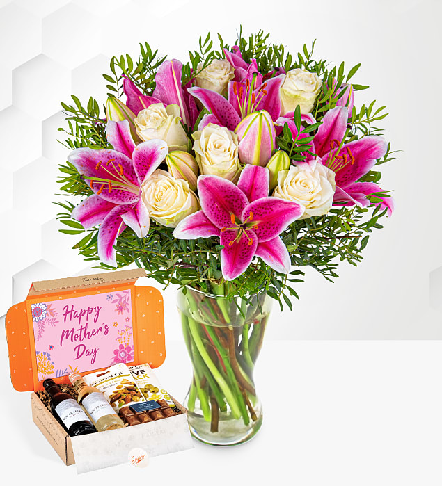 Pink Lilies & Roses with Wine Gift