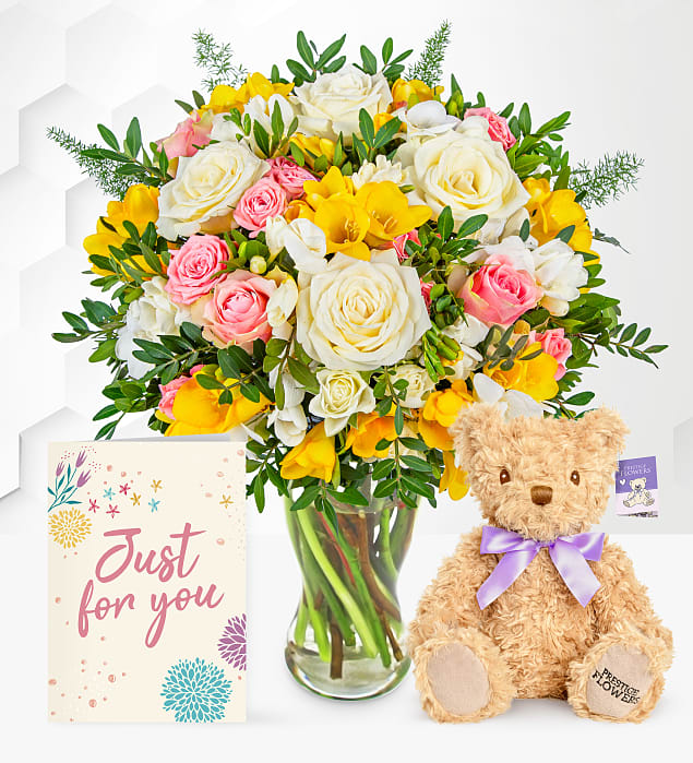 Rose and Freesia with Teddy & Card