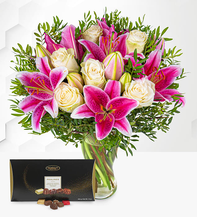 Pink Lilies & Roses & Luxury Chocolates