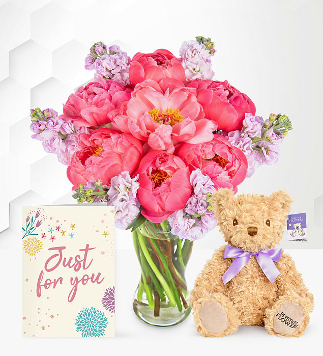 Paradise Peonies with Teddy & Card