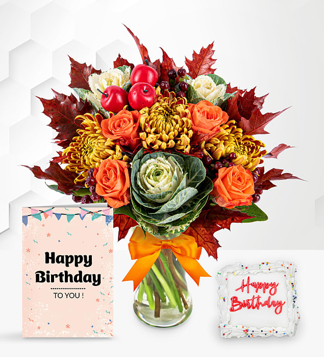 October Bouquet with Birthday Cake & Card