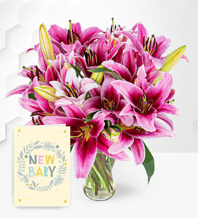 Stargazer Lilies with New Baby Card