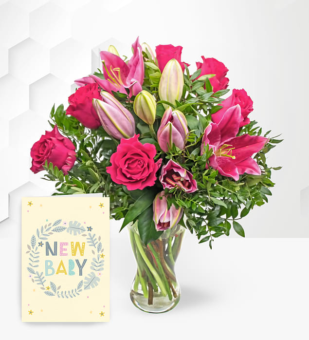 Rose and Lily with New Baby Card