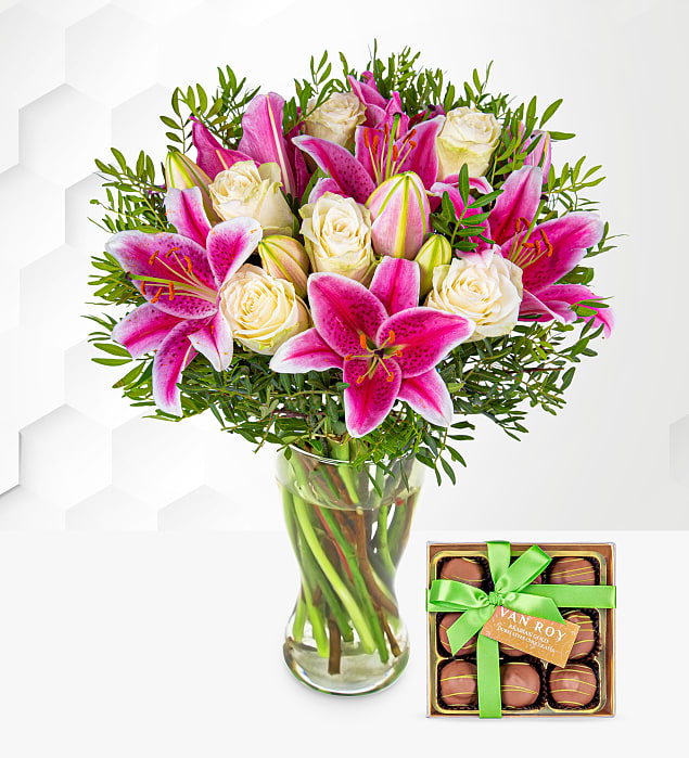 Pink Lilies & Roses with Dubai Chocolates
