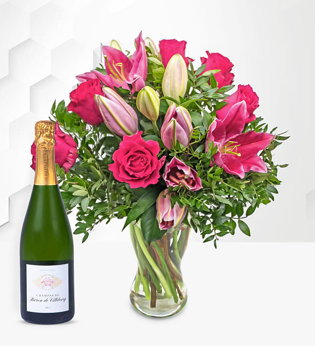 Rose and Lily With Champagne Medium