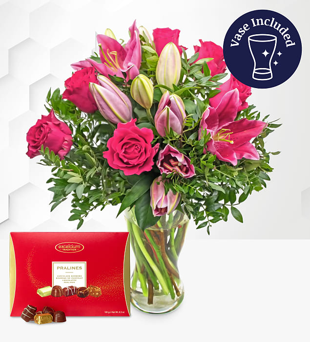 Rose and Lily with Chocs & Vase Medium