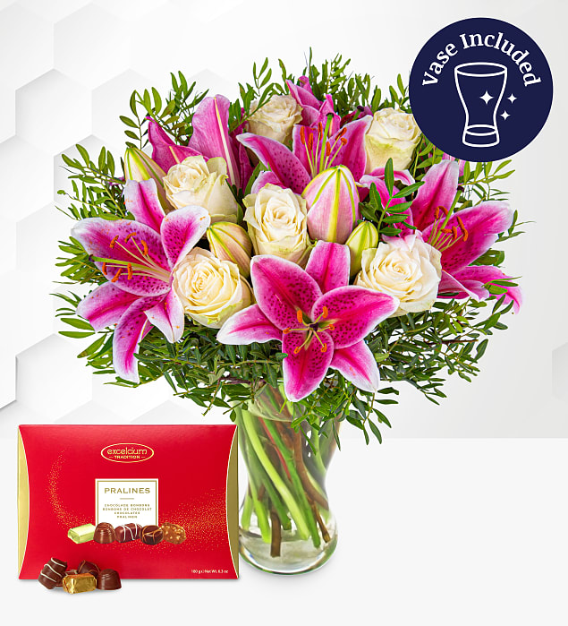 Pink Lilies & Roses with Chocs & Vase Medium