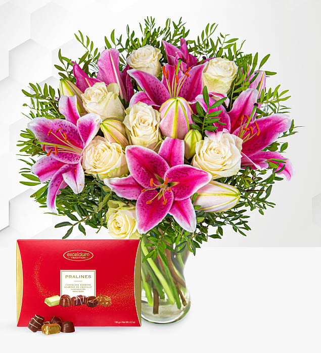 Pink Lilies & Roses with Chocolates