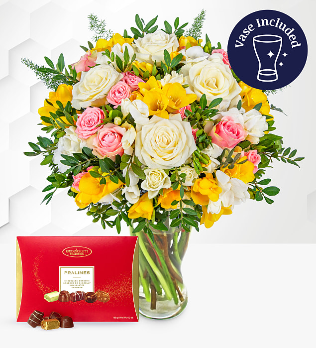 Rose and Freesia with Chocs & Vase Medium