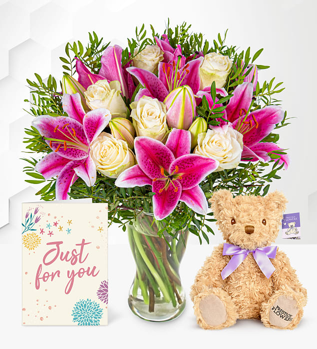 Pink Lilies & Roses with Teddy & Card Medium