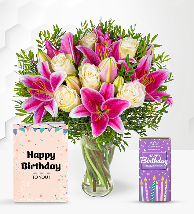 Pink Lilies & Roses with Birthday Chocolate & Card