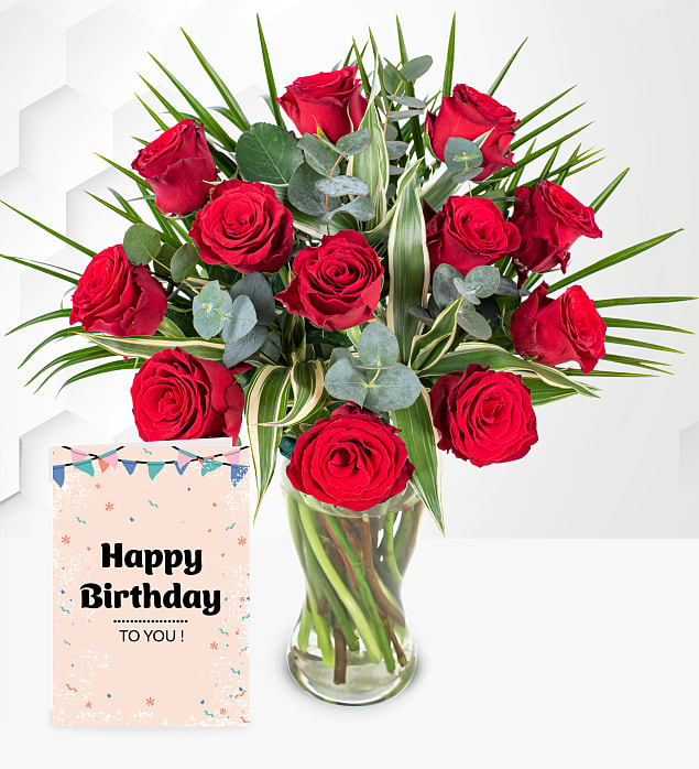 12 Red Roses with Birthday Card
