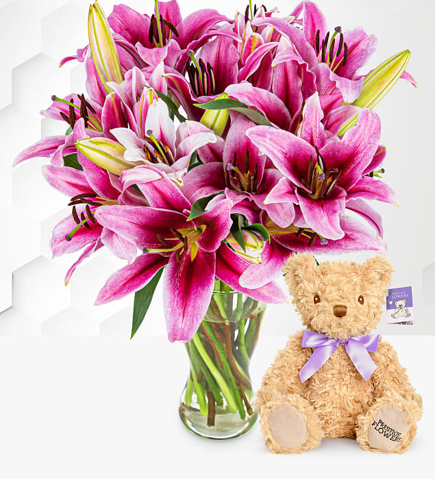 Stargazer Lilies With Teddy Bear