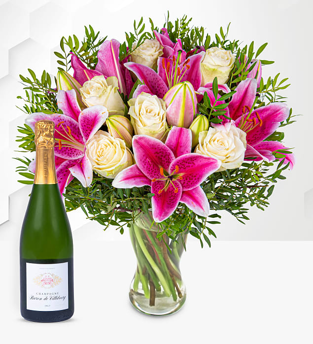 Pink Lilies & Roses With Champagne Medium