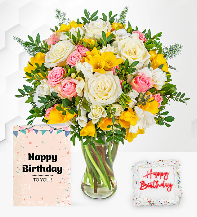 Rose and Freesia with Birthday Cake & Card 