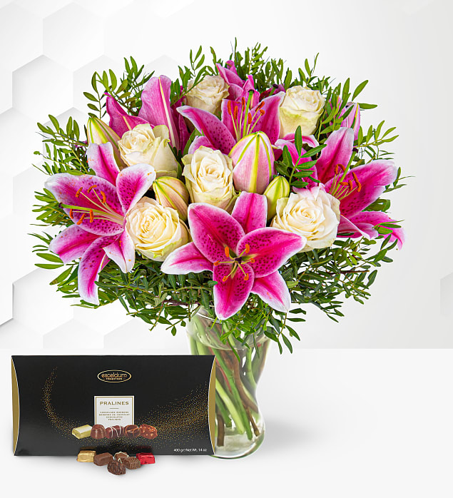 Pink Lilies & Roses with Chocs