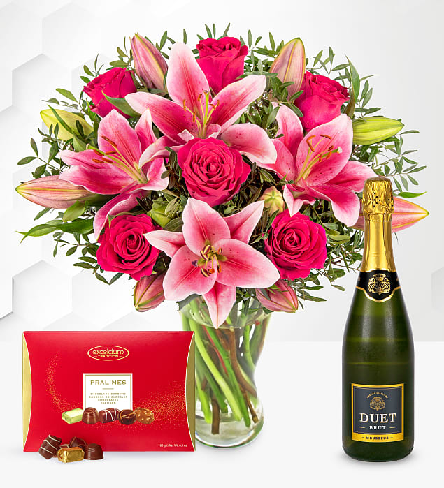 Rose and Lily with Fizz & Chocolates Medium