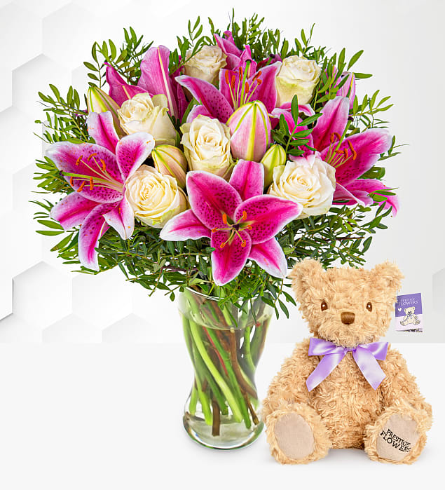 Pink Lilies and Roses With Teddy Bear