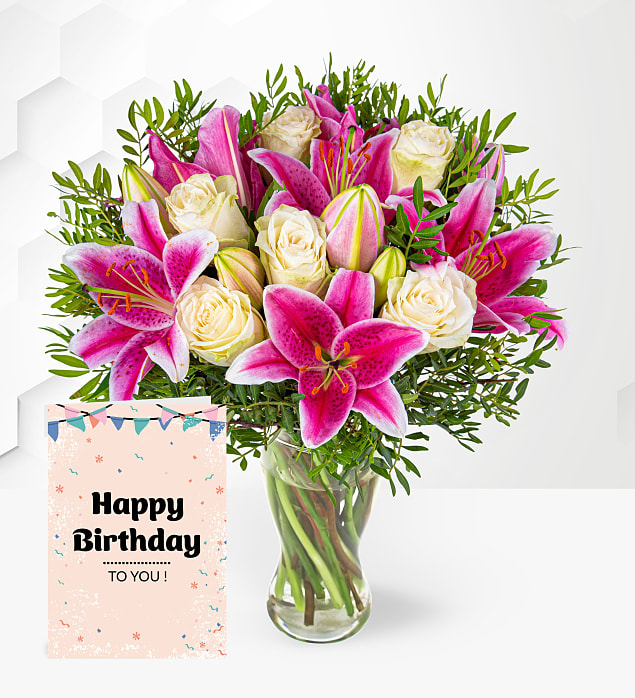 Pink Lily & Rose & Birthday Card