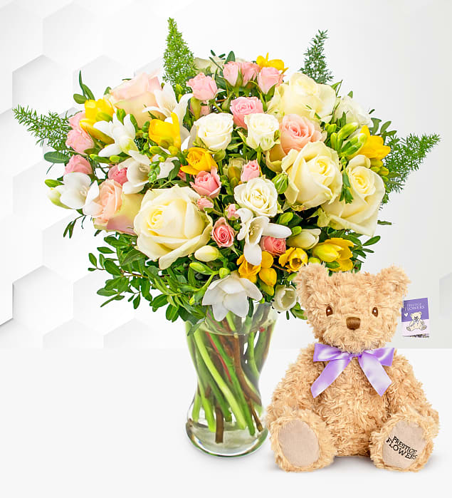 Rose and Freesia With Teddy Bear