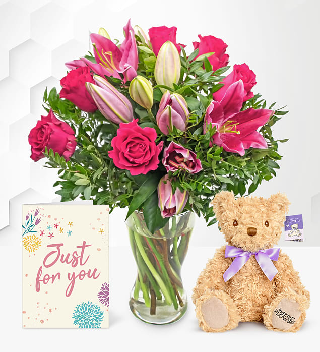 Rose and Lily with Teddy & Card Medium