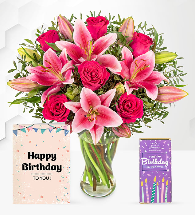 Rose and Lily with Birthday Chocolate & Card