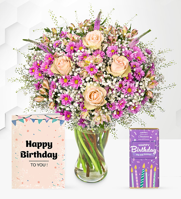 Pink Sunshine with Birthday Chocolate & Card