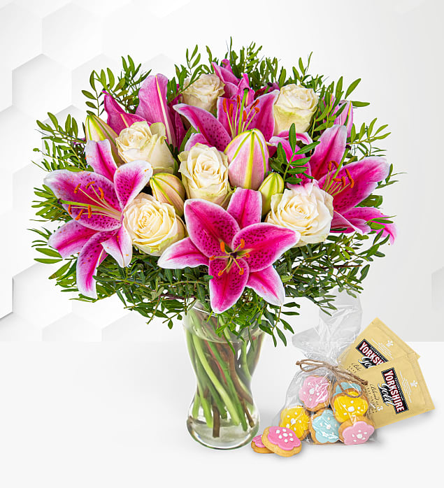 Pink Lilies & Roses with Tea & Biscuits
