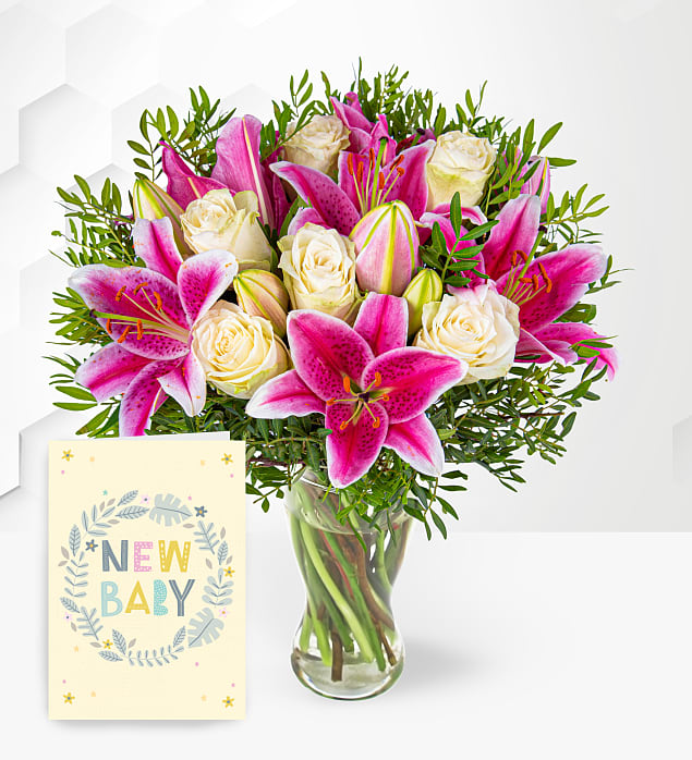 Pink Lilies & Roses with New Baby Card