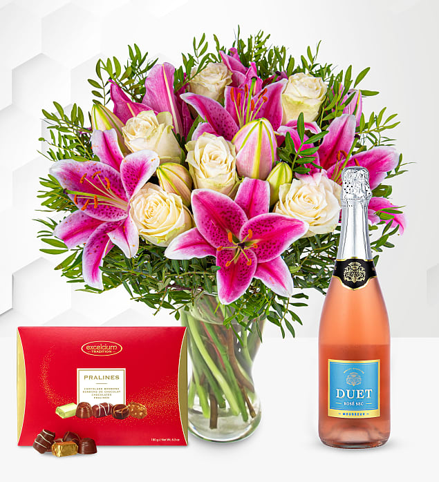 Pink Lilies & Roses with Fizz & Chocolates