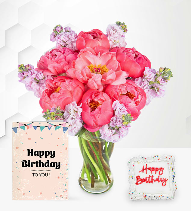 Paradise Peonies with Birthday Cake & Card