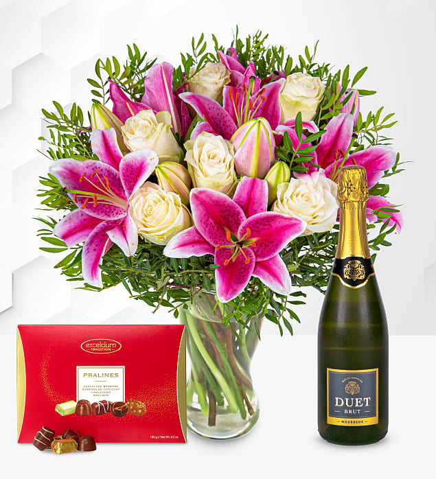 Pink Lilies & Roses with Fizz & Chocolates Medium
